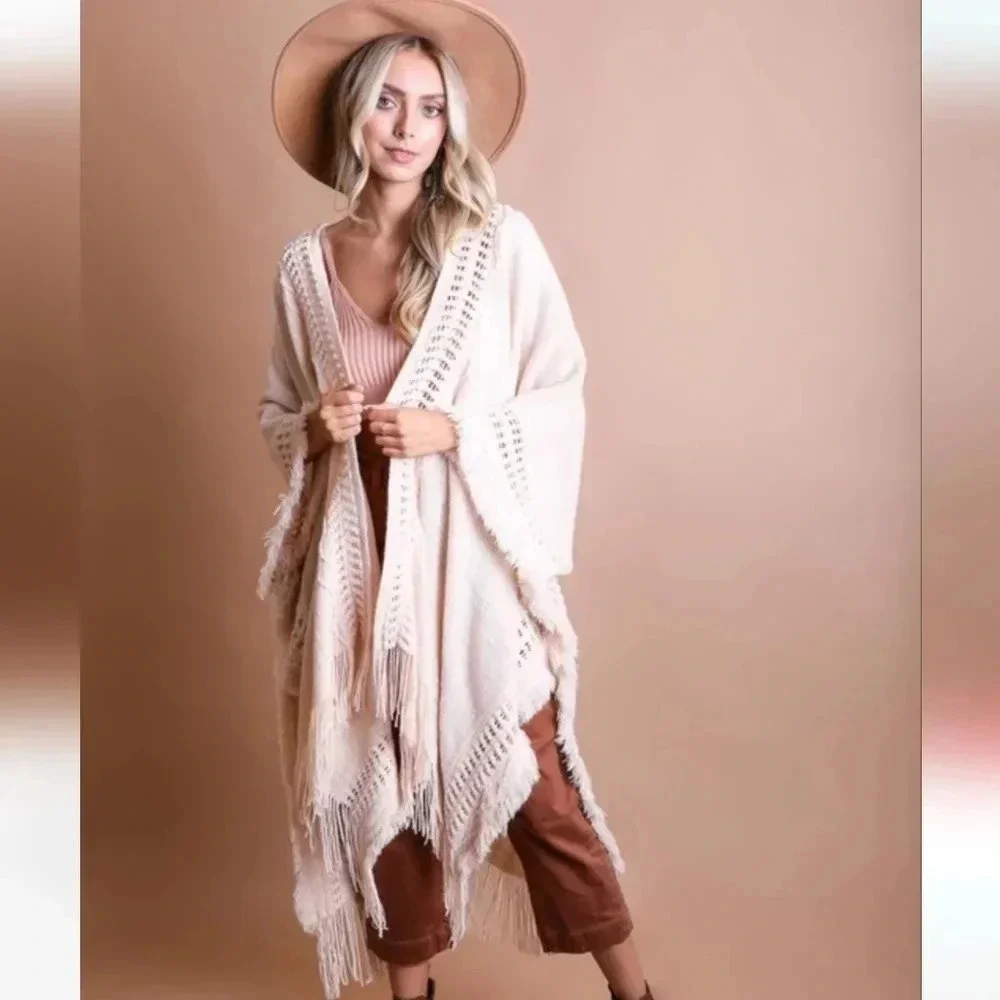 New Boho Fringe Knit Ruana Wrap Kimono Cream